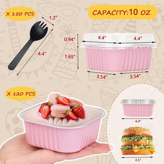 4 x 4 Inch Square Mini Cake Foil Pans with Lids, 10 oz Disposable Baking Cups 120 Pack for Muffins, Brownies and Desserts