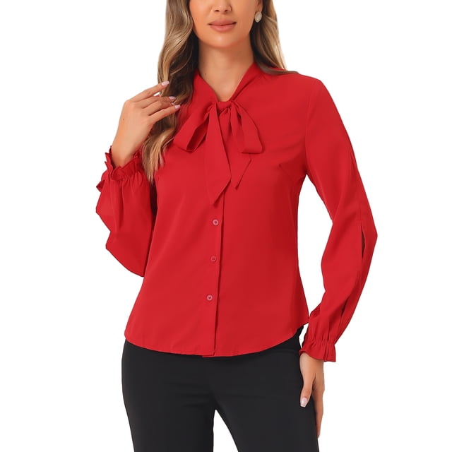 Blusa de trabajo de chiffon de manga larga para mujer elegante con lazo en el cuello XL roja