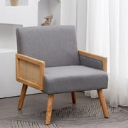Mellcom Accent Chair, Linen Upholstered Armchair with Bamboo Knitting and Round Arm for Living Room, Gray
