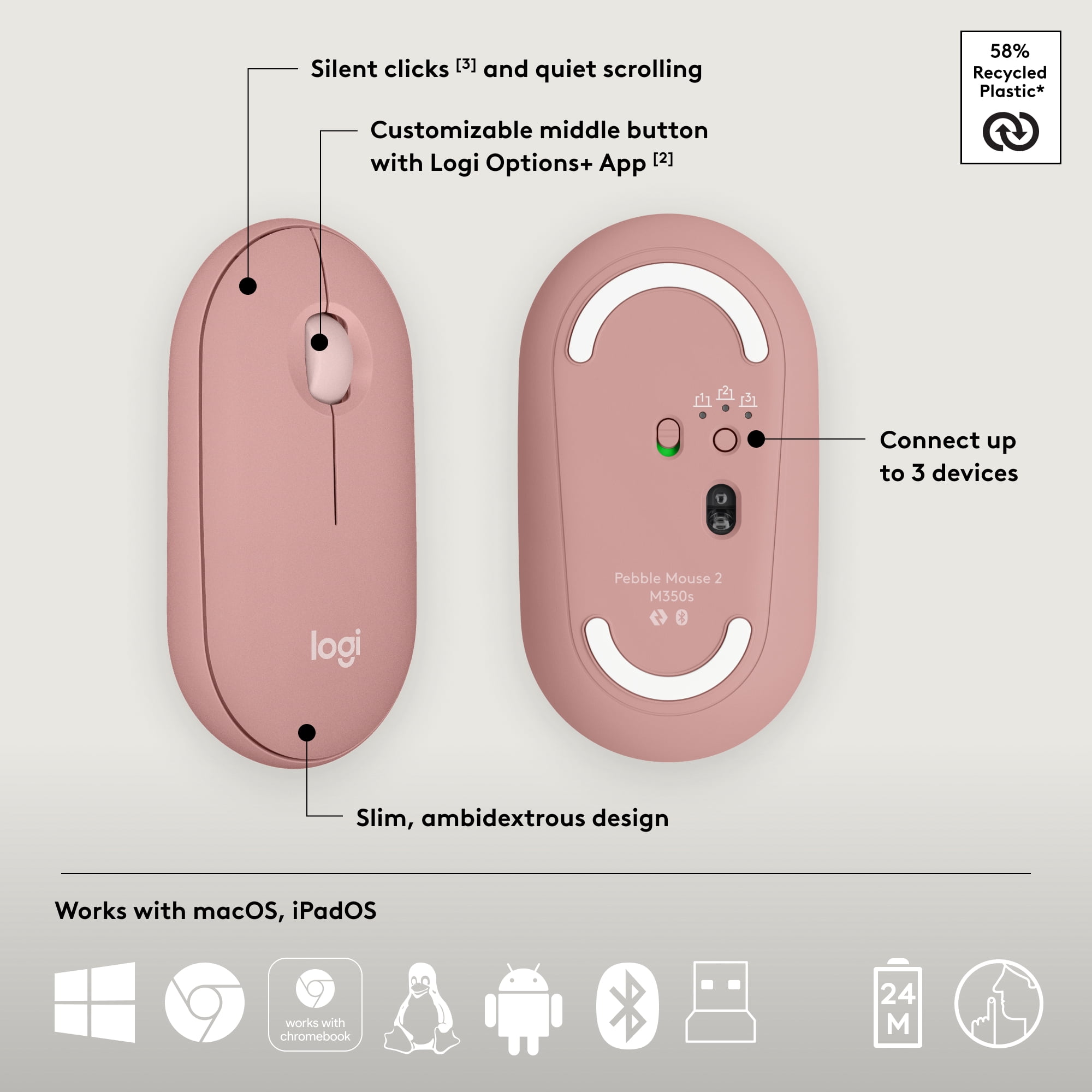 Logitech Pebble 2 Combo, Wireless Keyboard and Mouse, Quiet and Portable, Customizable, Logi Bolt, Bluetooth, Tonal Rose