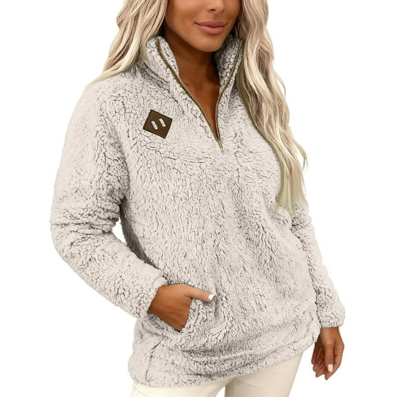 UQJfacai Womens Quarter Zip Pullover Sweatshirt Sherpa Fleece Long Sleeve Sweatshirts Winter Warm Fuzzy Stand Collar Sweaters with Pocket
