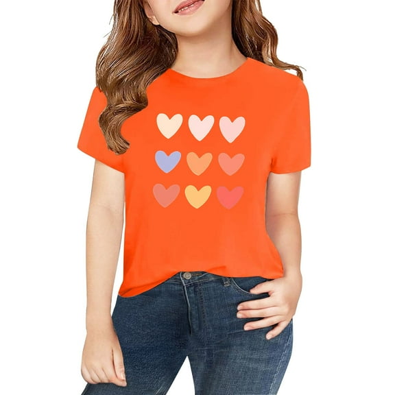XXWXYD Girls Colorful Hearts Graphic Tee, Round Neck Short Sleeve T-Shirt, Kids Teenage Casual Summer Shirt Playful Design