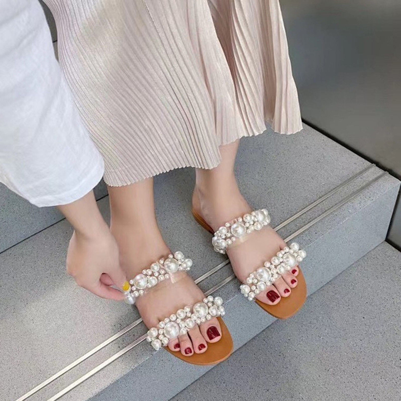 Women's Faux Pearl Slide Sandals Boho Style Open Round Toe - Temu