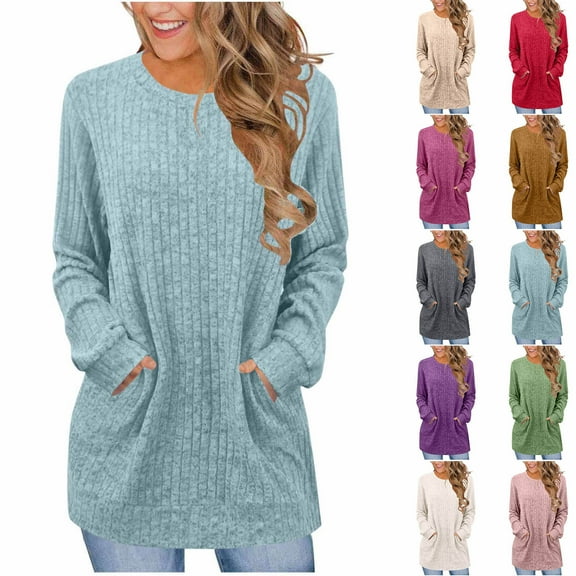 Maplenight Ribbed Knit Sweaters for Women Business Casual Crew Neck Long Sleeve Shirts Lightweight Tunic Pullover Tops with Pockets
