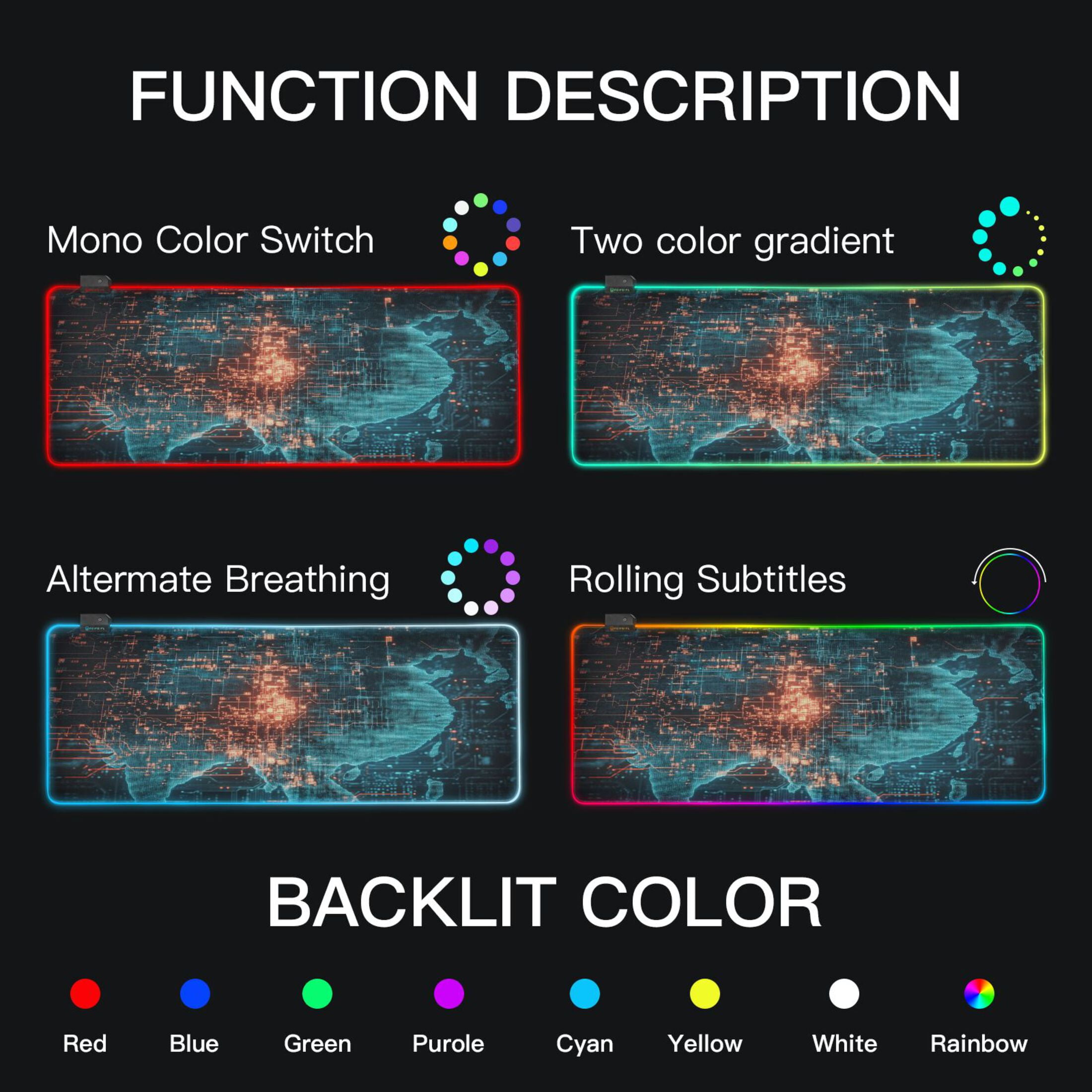 Large RGB Gaming Mouse Pad Led Glowing Mousepad Non-Slip Rubber Base 13 Light Modes 35.4x15.7 Digital Map