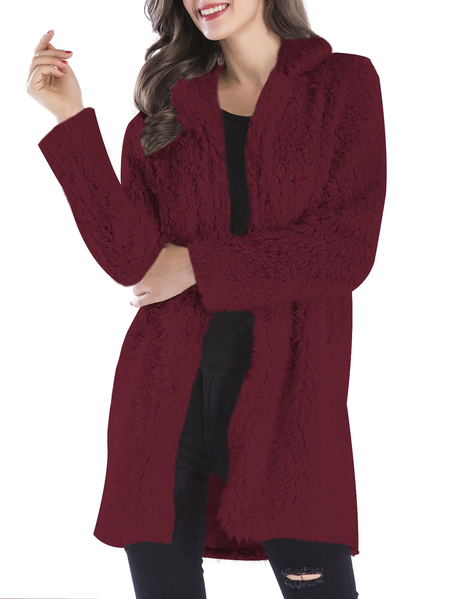 LELINTA Women's Fleece Lapel Open Front Long Cardigan Coat Faux Fur Warm Winter Outwear Jackets Pockets, Beige/ Black/ Wine Red -