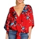 thumbnail image 3 of Blusa suelta de talla grande para mujer Cuello en V acampanado Mangas 3/4 Dobladillo anudado Impreso Abanopi Rojo/S, 3 of 4