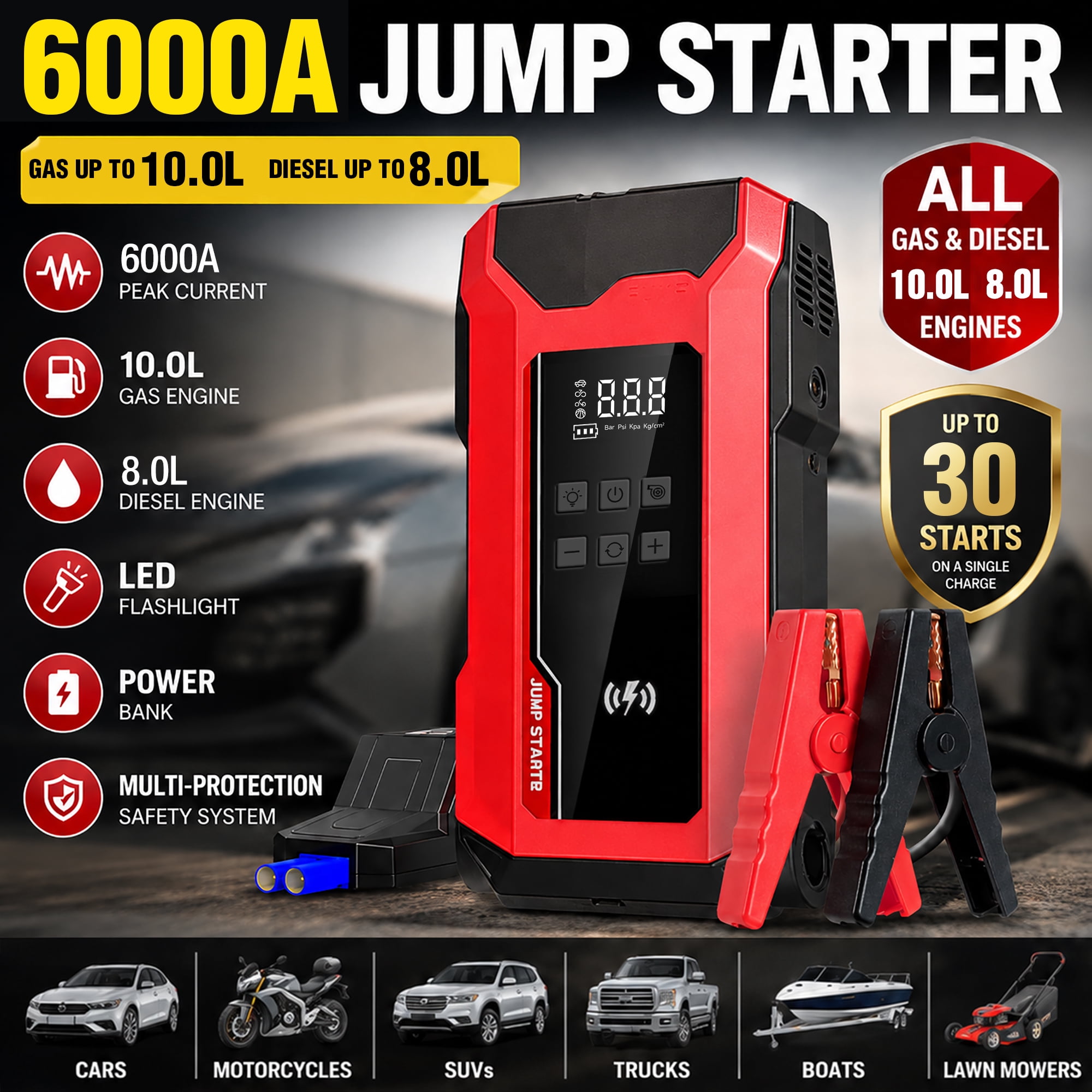 CamelParty Jump Starter with Air Compressor, 6000A Car Battery Booster for 10.0L Gas 8.0L Diesel 150PSI Auto-Stop Air Compressor with Blower, 12V Portable Emergency Jump Box with LED Light