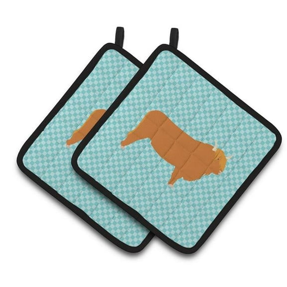 Highland Cow Blue Check Pair of Pot Holders