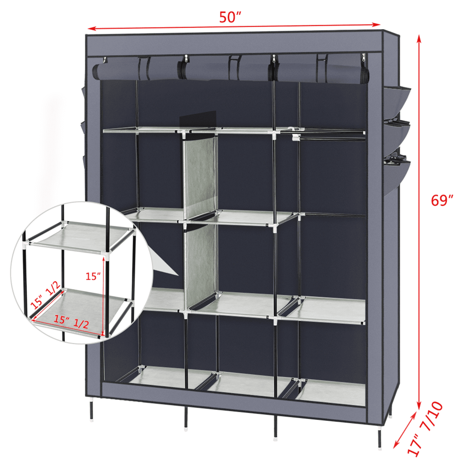 69" Elevated Portable Closet - Heavy Duty Steel Frame with 8 Shelves, High-Leg Design for Robot Vacuums, Dustproof Gray Wardrobe Organizer