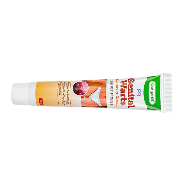 crema eliminadora de verrugas corporal 20g natural multiusos para el herpes tubo de 20 g, vista frontal-lateral centrada; envase cilíndrico blanco con tapa de rosca, etiqueta naranja y blanca con texto en inglés "Genital Warts", logotipo verde y sello rojo que indica 20g; fondo blanco neutro.