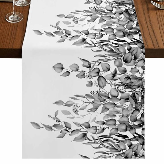 Table Runners 120 Inches Long Dress Scarves, Eucalyptus Leaves Farmhouse Coffee/Dining/Kitchen Table Runner for Living Room, Black Grey Summer Botanical Weeping 13x120 Inch