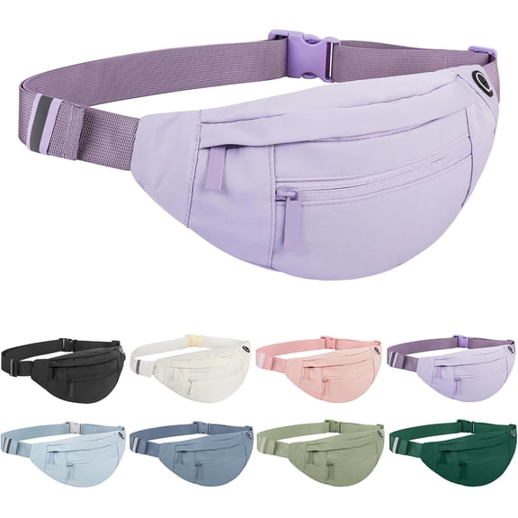 Large  Bag With 4-Zipper Pockets-Fanny Pack For Women And Man-Crossbody Belt Bag With Adjustable Strap For Travel Running Hiking Walking Workout Light Purple