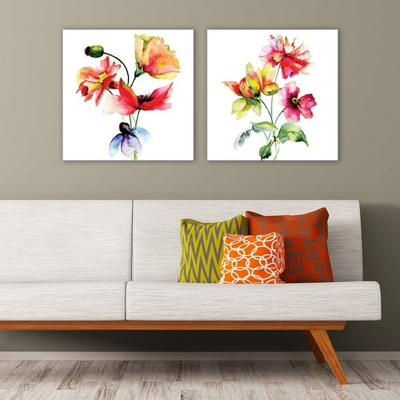 wall26-2 Panel Square Canvas Wall Art - Watercolor Style Red Flowers on White Background - Giclee Print Gallery Wrap Modern Home Art Ready to Hang - 12"x12" x 2 Panels