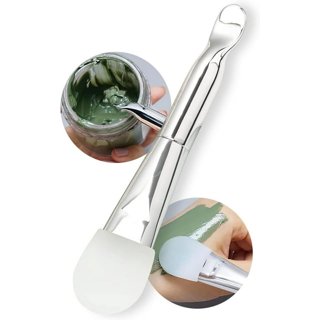 Buisson de Masque en Silicone Polyvalent avec Manche Queue en Forme de Cuillère, Brosse de Masque Facial en Silicone Souple pour Boue, Masque en Argile, Bricolage, Masque de Modelage (Argent)