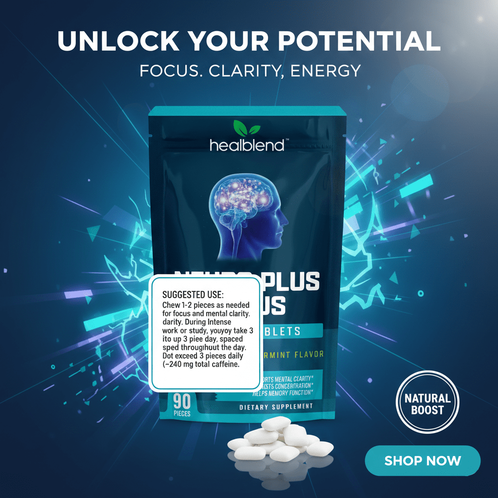 Healblend Neuro Plus Focus Chewing Tablet - Peppermint Flavor - Nootropic Energy Tablet with Caffeine, L-Theanine, Rhodiola - Supports Memory, Mental Clarity & Concentration - 90 Pieces (2 Pack)