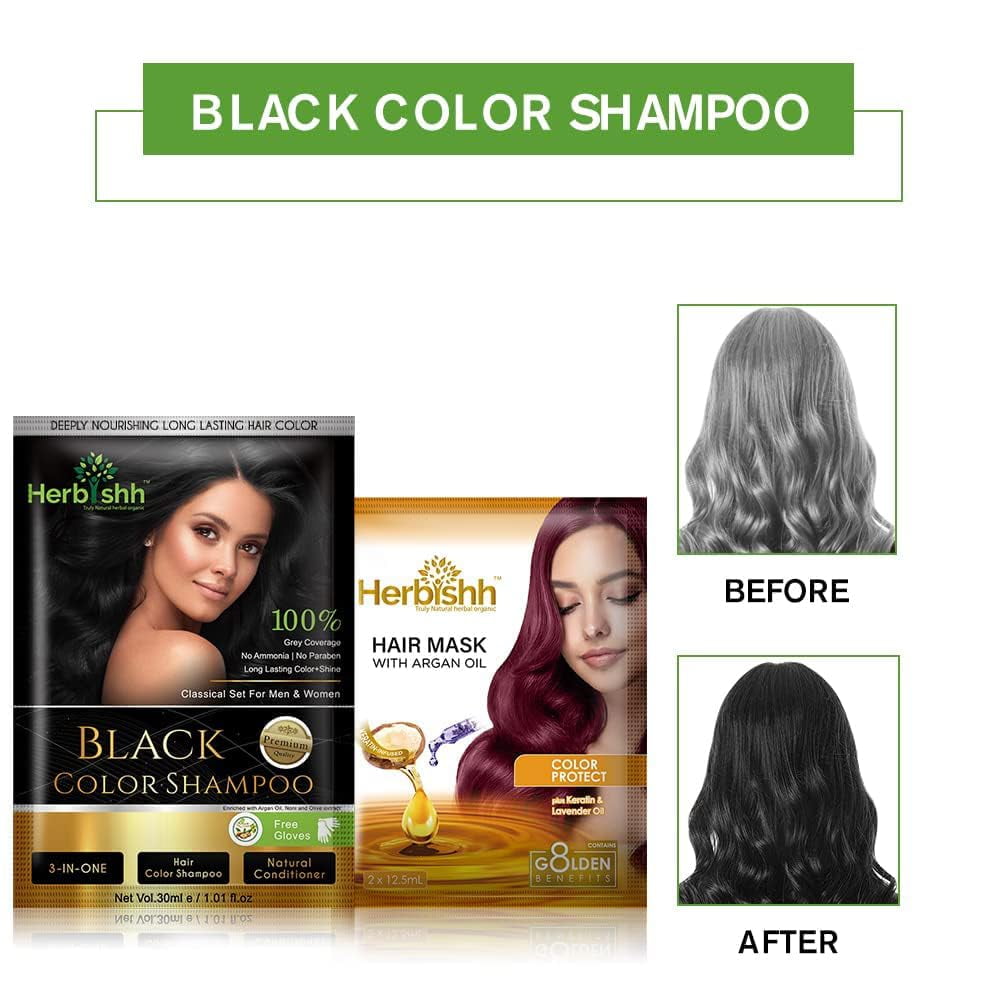 (2 pack) Herbishh Hair Color Shampoo for Gray Hair, Men & Women, Travel Size, 10+1 Pack (Black 30 ml)