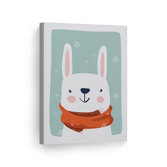 Smile Art Design Cute Rabbit Winter Theme Turquoise Background Canvas Wall Art Print Kids Room Decor Baby Room Decor Nursery Art Nursery Decor Ready to Hang Made in the USA 36x24