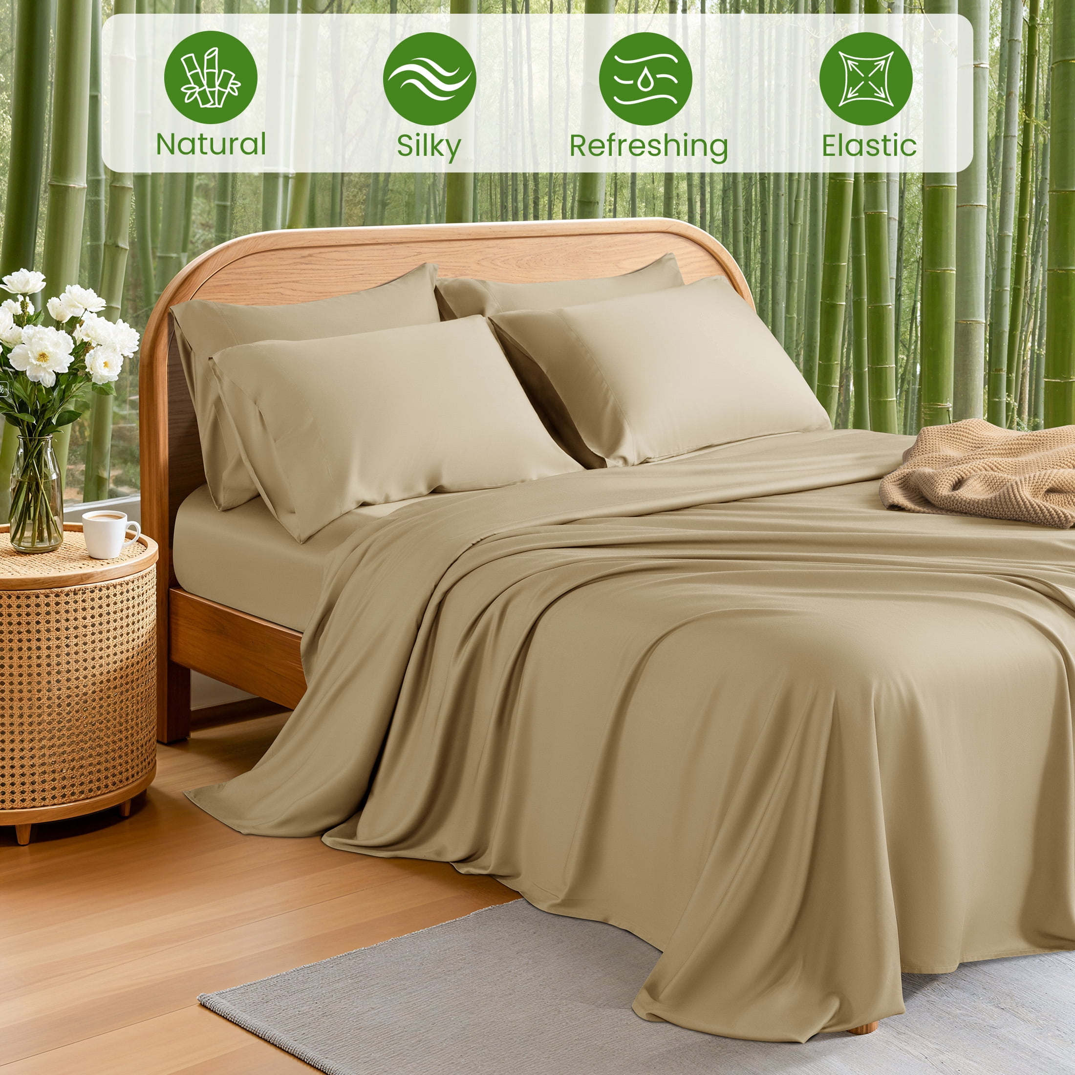 Sonoro Kate 100% Organic Luxurious Bamboo Sheets, Queen Sheet Set 6-Piece with 16" Deep Pocket, Silky Smooth Luxury Bed Sheets, Beige