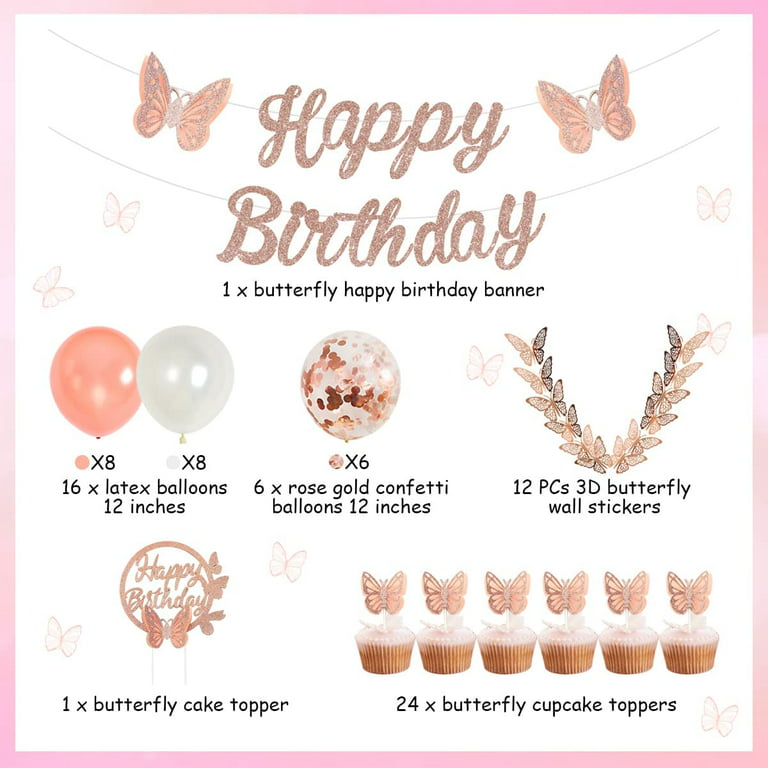Rose Gold Butterfly Birthday Decorations Set Butterfly Happy Birthday  Banner Cake Topper Picks 3D Wall Stickers for Butterfly Theme Party, Spring  Birthday, Fairy Garden Party Supplies 
