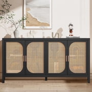 Rattan Sideboard Buffet Cabinet with Storage, Wooden Cabinet with 4 Doors, Kitchen Console Table
