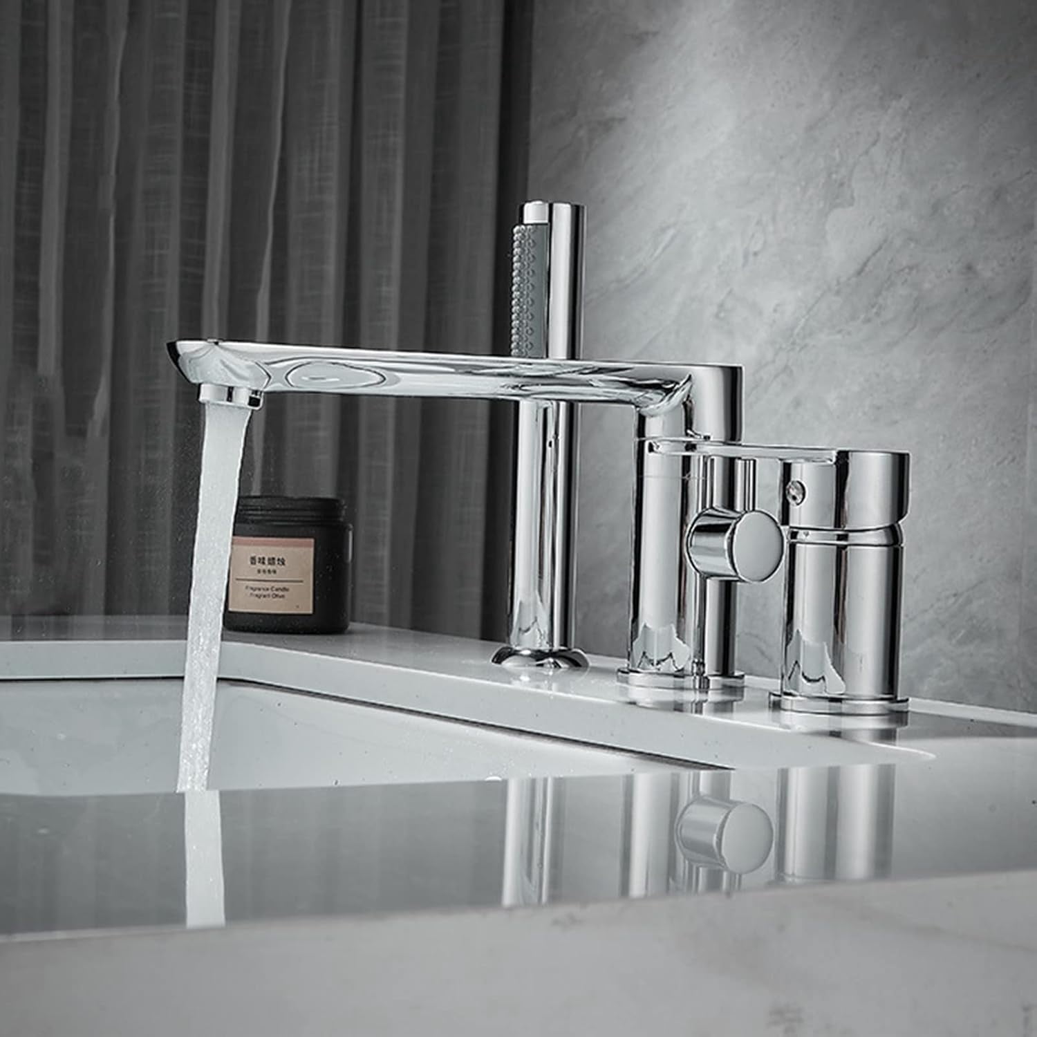 Waterfall Bathtub Faucet Roman Tub Filler, Contemporary Bathroom Widespread Long Spout Faucet with Handheld Shower, Single Handle 3 Hole Deck Mount