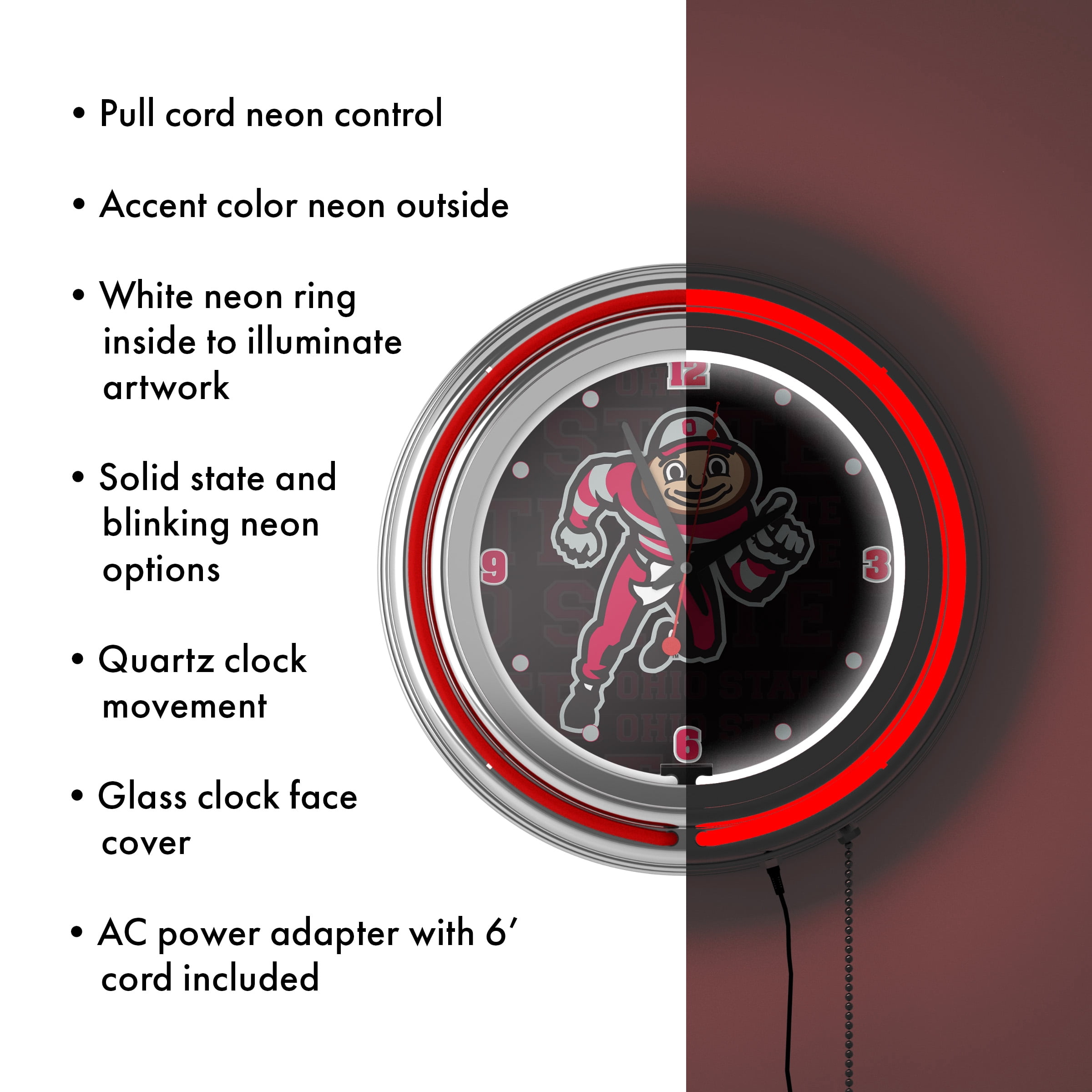 Ohio State University Brutus Dash Retro Neon Analog Wall Clock with Pull Chain