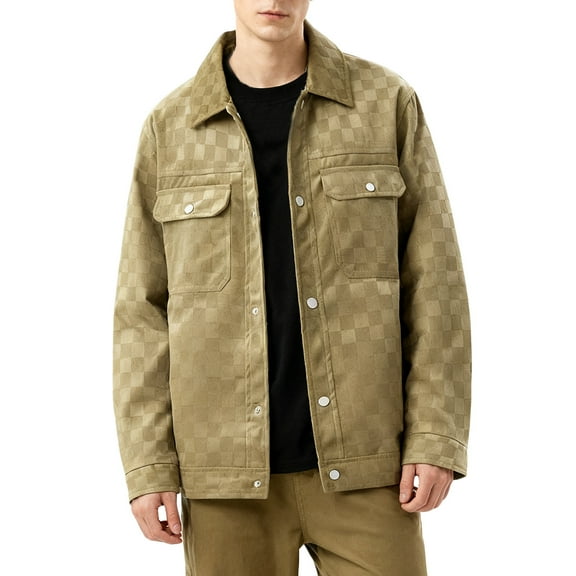Donemore Men's Checkerboard Suede-Feel Snap Button Jacket with Turn-Down Collar & Pockets Casual Outdoor Coat