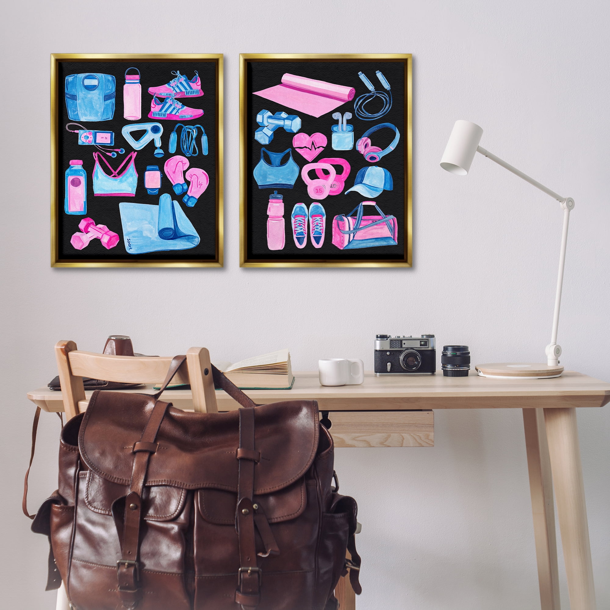 Stupell Industries Exercise Gear Pink & Blue Sports Painting Gold Floater Framed Canvas Art Print Wall Art, 31 x 25, Set of 2