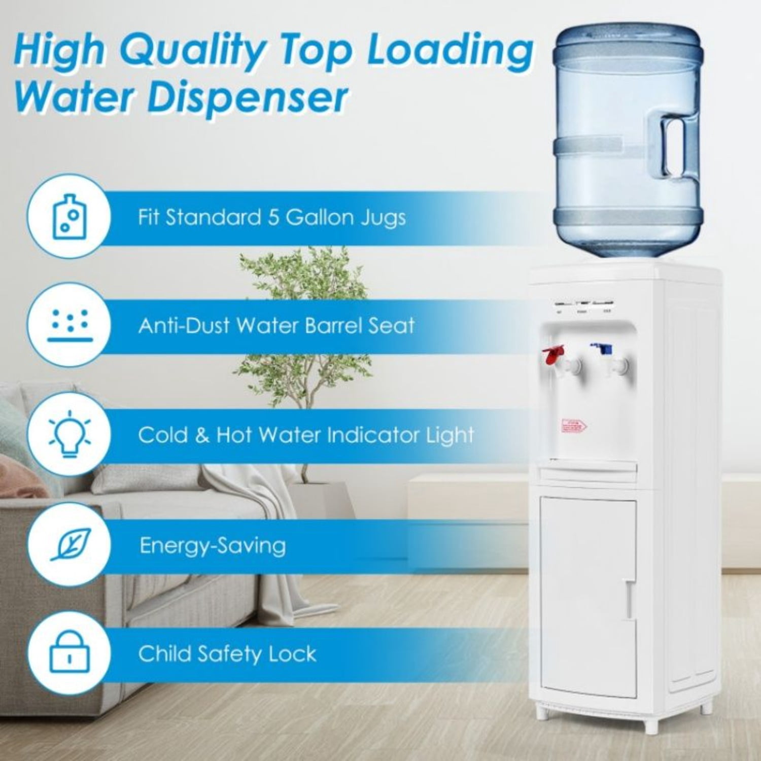 5 Gallons Top Loading Hot and Cold Water Cooler Dispenser with Child Safety Lock LED Indicator and Storage Cabinet for Home Office