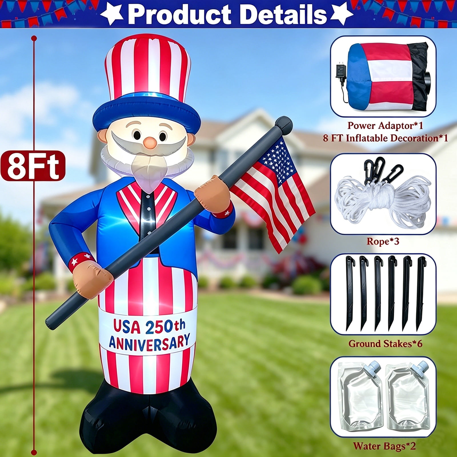 8FT 250th Anniversary 4th of July Inflatables Outdoor Decorations Patriotic Blow up Yard Decorations with LED Lights Fourth of July Memorial Independence Day Party Garden Holiday Outside Decor
