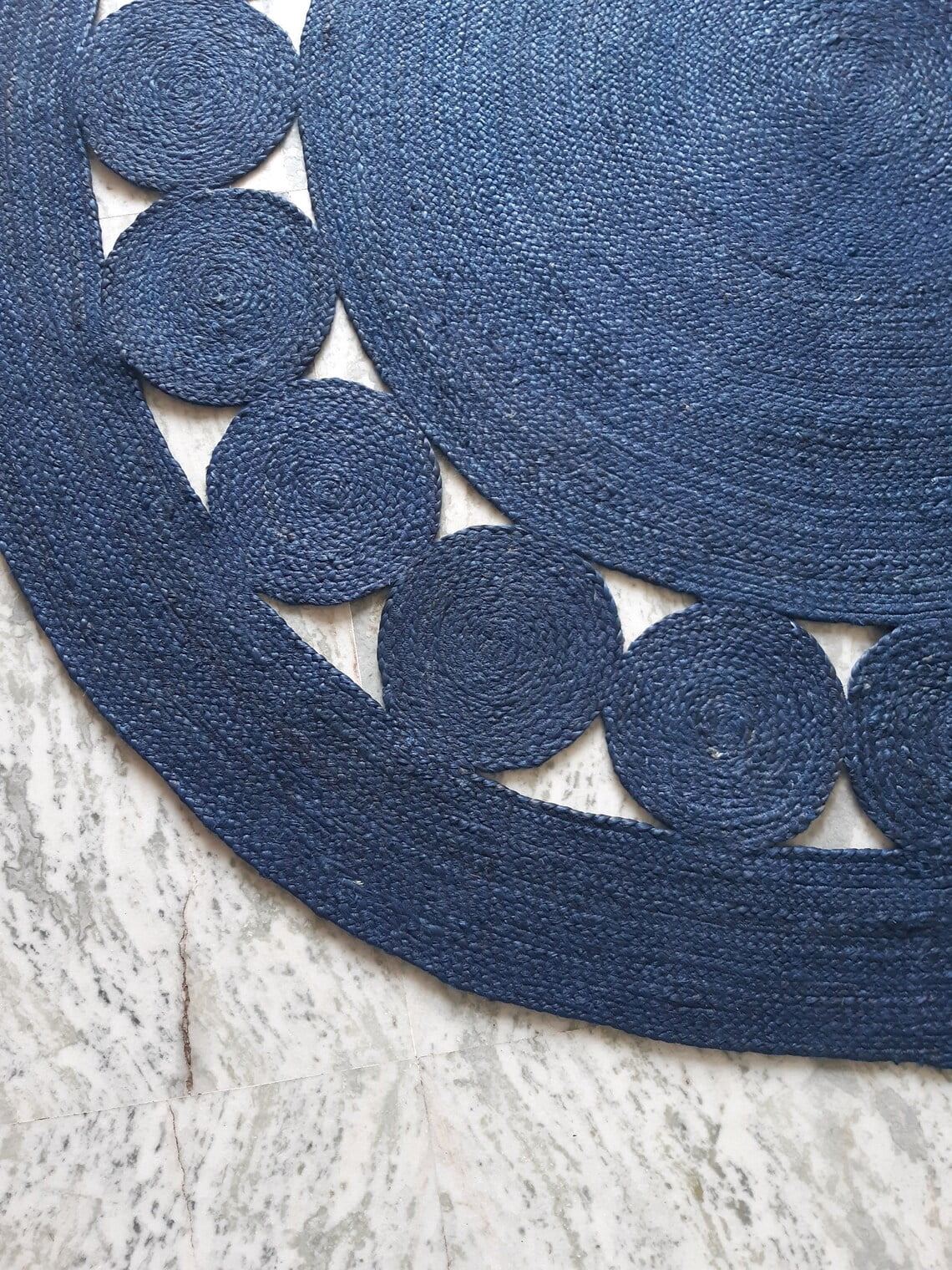 Handmade Braided Natural Jute Navy Blue Color Tikki Round Rugs Size 2 x 2 Feet Round