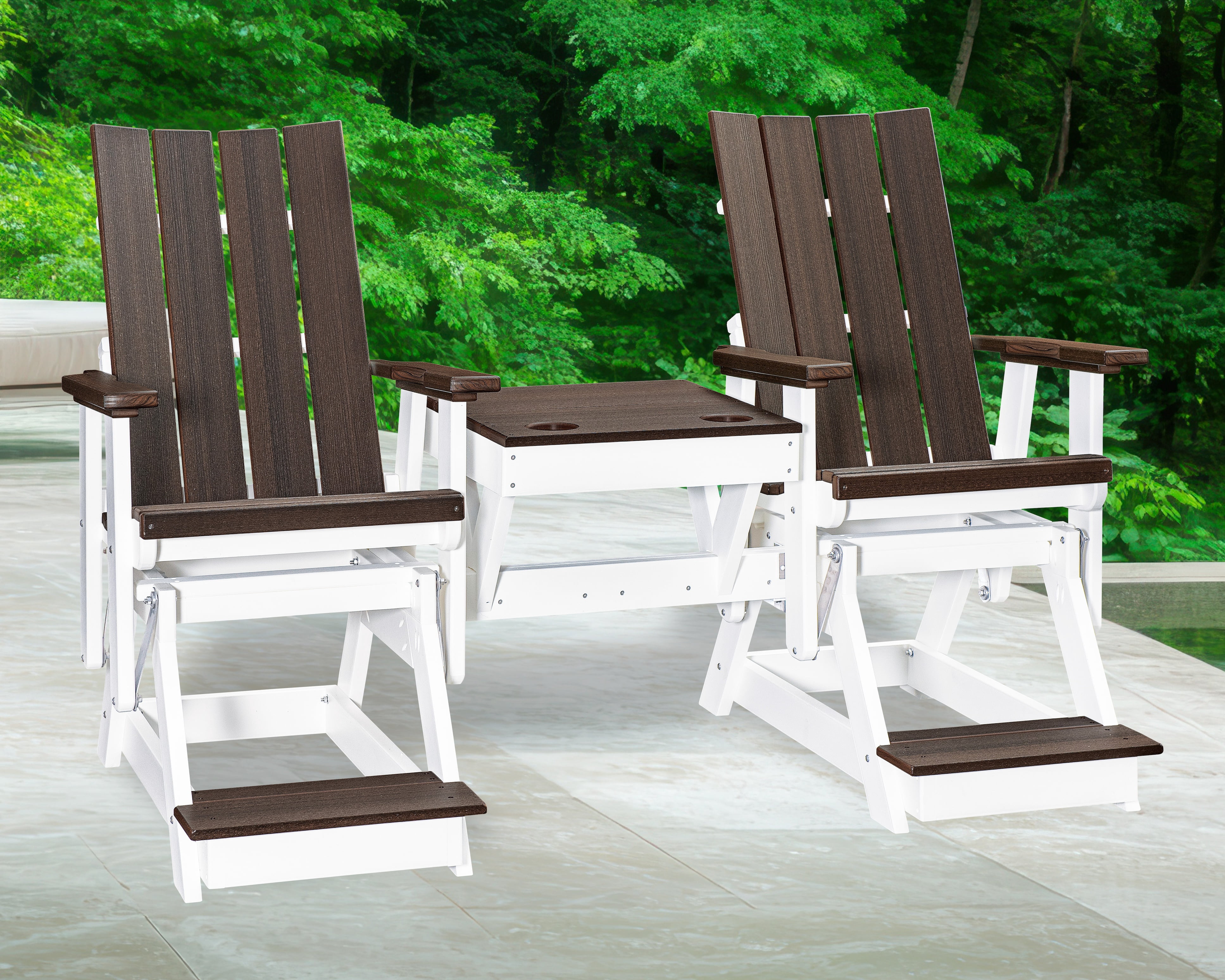 American Furniture Classics Model 416BZWT-K Brandon Balcony Height Double Glider with Center Table in Brazilian Walnut on a White Base