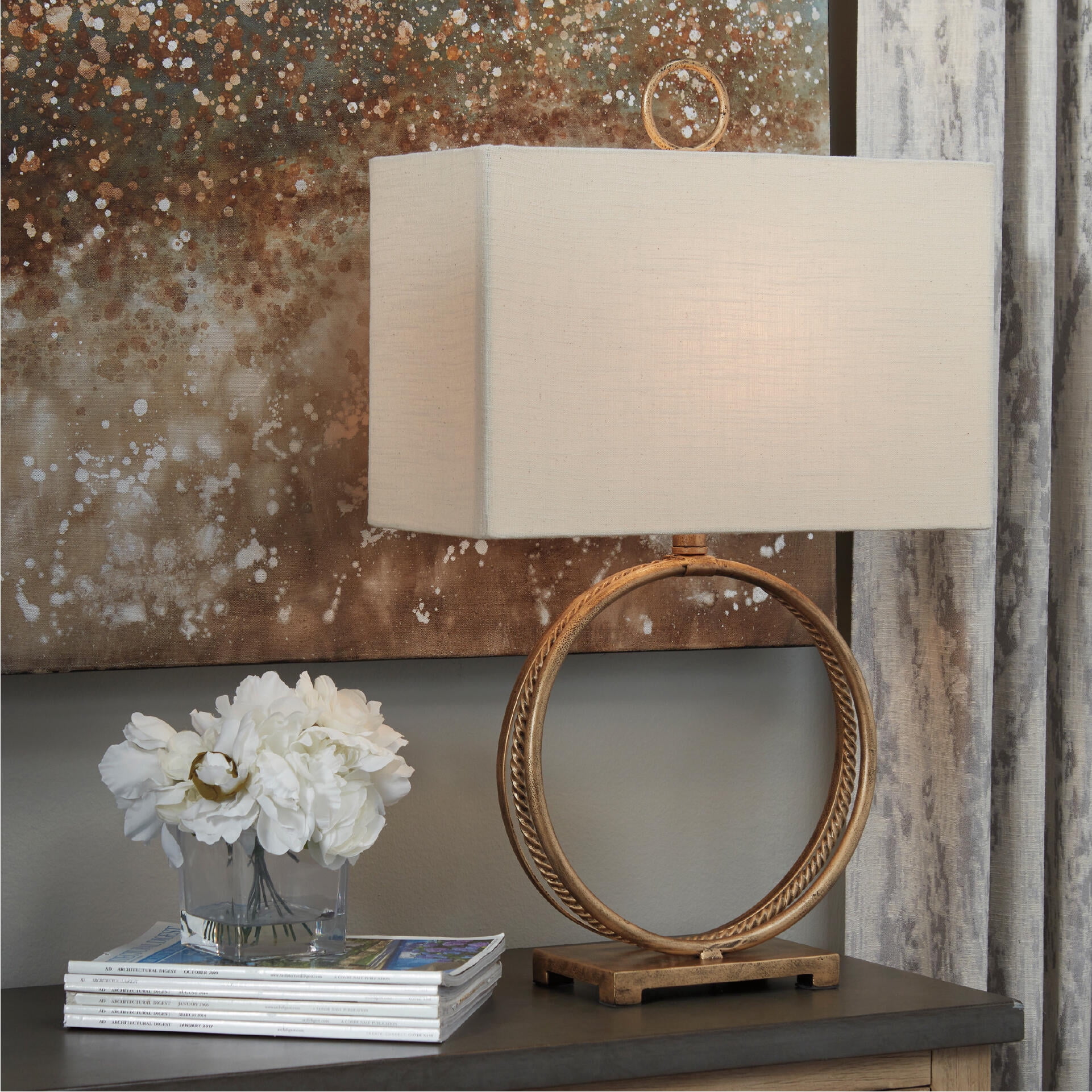 Signature Design by Ashley Mahala Metal Table Lamp, Antique Gold Finish, Modern Ring Table Lamp with Rectangular Shade and 3-Way Switch