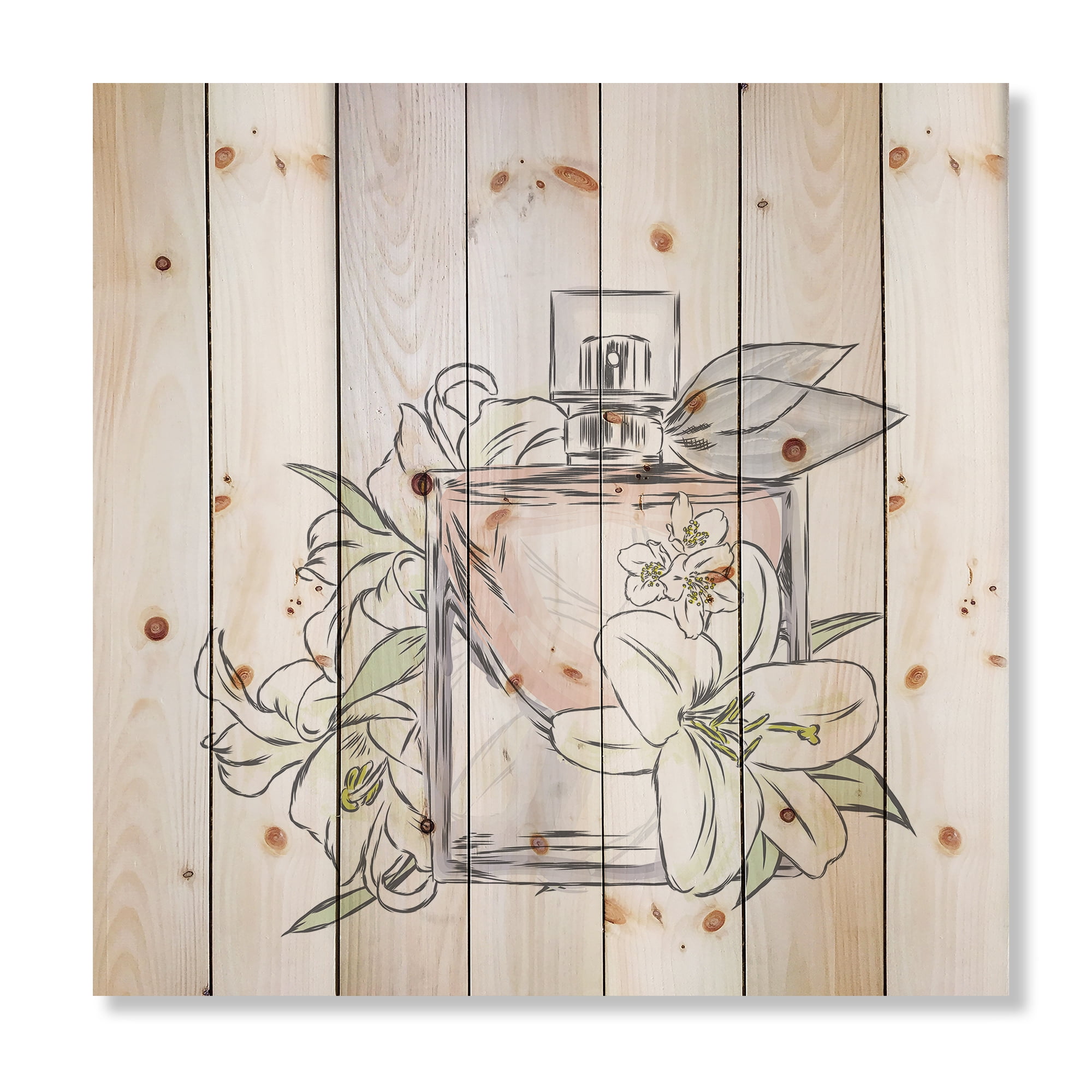 Designart 'Bouquet of Flowers and Perfume Bottle II' Traditional Print on Natural Pine Wood