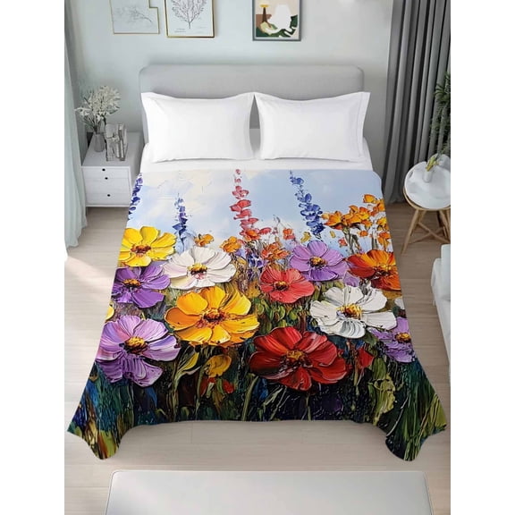Vintage Wildflowers Queen Size Flat Sheet, Wrinkleproof & Fadeproof Cooling Flat Bed Sheet Only, Rustic Oil Painted Abstract Botanical Breathable Soft Bedding Top Sheets 90 x 102 Inches