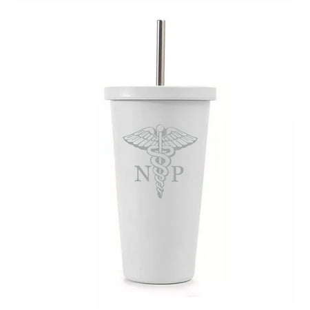 

16 oz Stainless Steel Double Wall Insulated Tumbler Pool Beach Cup Travel Mug With Straw NP Nurse Practitioner Caduceus (White)
