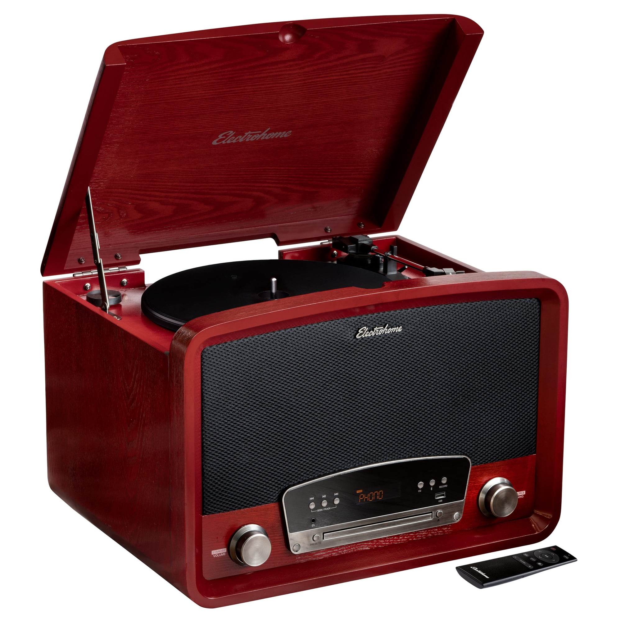 Electrohome Kingston 7-in-1 Vintage Vinyl Record Player Stereo System with 3-Speed Turntable, Bluetooth, AM/FM Radio, CD, Aux In, RCA/Headphone Out, Vinyl/CD to MP3 Recording & USB Playback (RR75C)