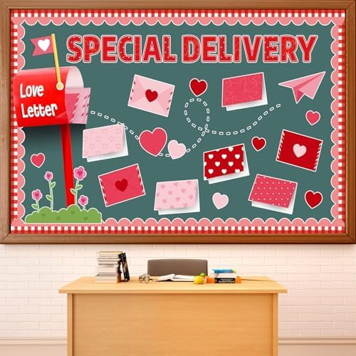 87Pcs Valentine's Day Classroom Bulletin Board Decor Set - 3D Heart Mailbox Letter Cutouts with Borders, DIY Special Delivery Decor for Kids School Nursery Home Chalkboard Door Wall Office