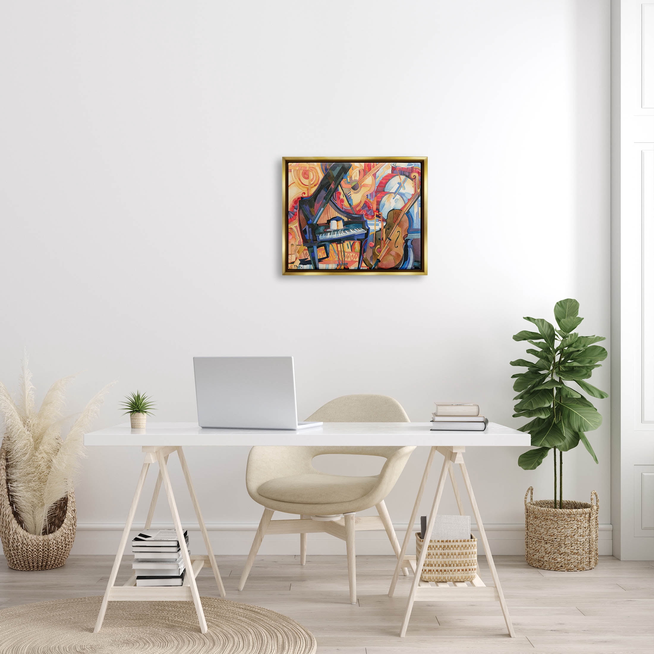 Stupell Industries Big City Music Piano Cubism Painting Metallic Gold Floating Framed Canvas Print Wall Art, Design by Paul Brent