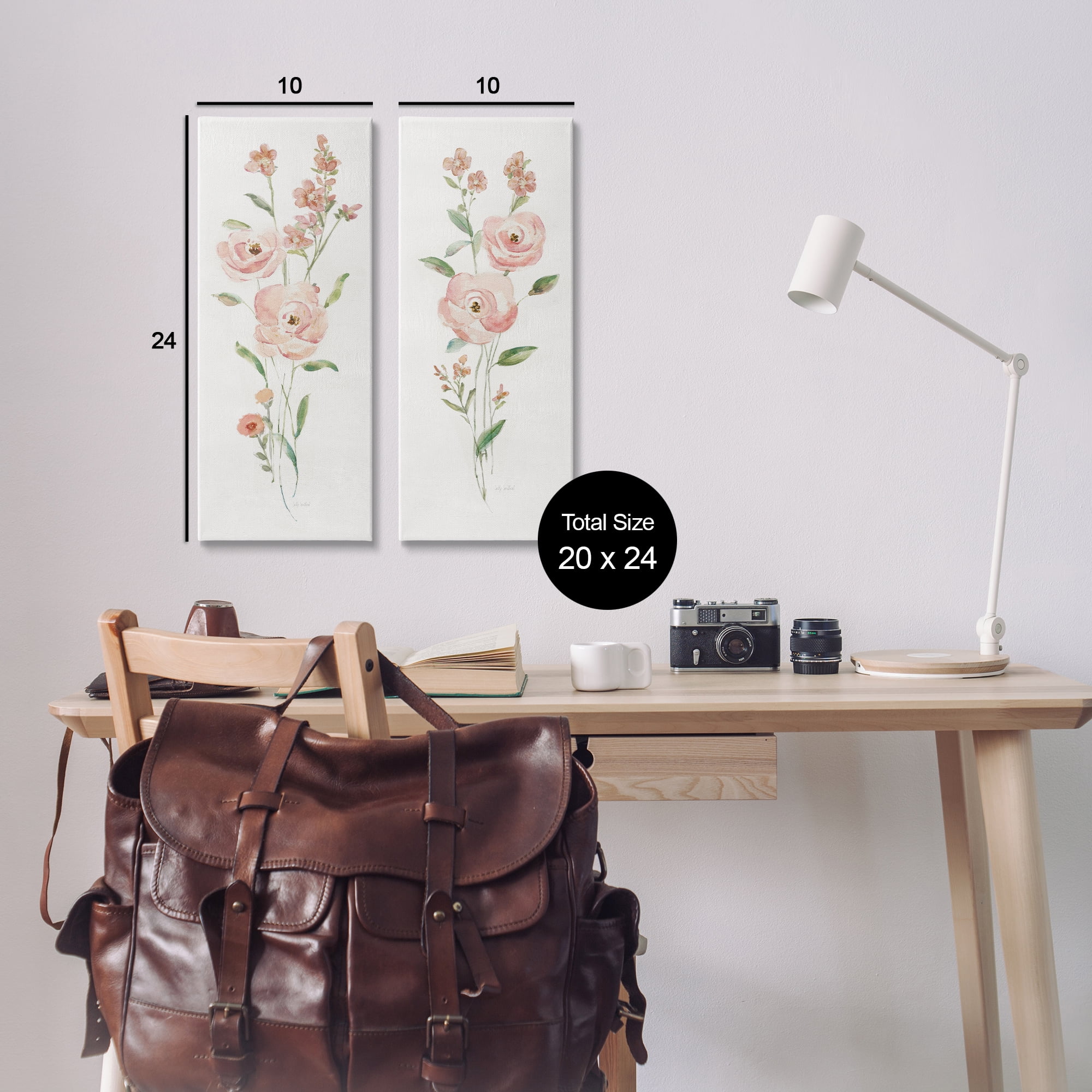 Stupell Industries Simple Pink Watercolor Flowers Plants & Flowers Painting Wrapped Canvas Art Print Wall Art, 10 x 24, Set of 2