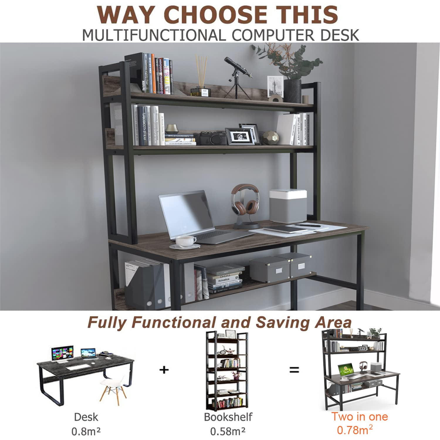 Aquzee Desk with Hutch Bookshelves, Computer Desk with 3 Tiers Storage Shelves, Space Saving Design Black Metal Legs Desk with Grey Board