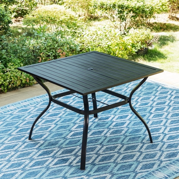 SUMMIT LIVING 37" Square Outdoor Patio Dining Table with 1.57" Umbrella Hole for 4-Person, All-Weather Metal Furniture, Black