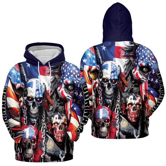 Lotusprinthandmade Personalized America Flag Skull Skeleton Hoodie 3D (Lightweight) S-5XL Multicolor (S), custom name skull us flag hoodie, patriotic skull hoodie