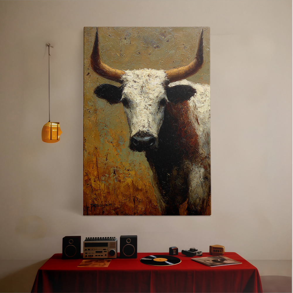 1pc Western - style Long - horned Cow Canvas Painting, framed Decor room hanging Wall Picture Decor for Home Gifts, living room, bathroom, bedroom, kitchen wall art decor canvas wall art