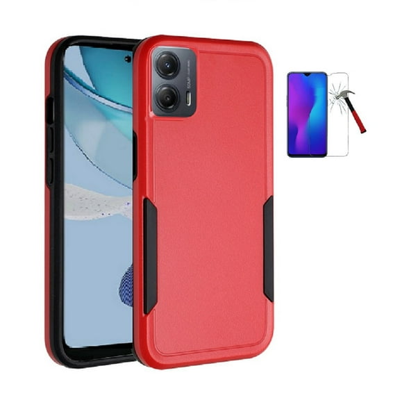 Motorola Moto G  5G 2023 Phone Case, Dual layer Hard Cover Case with Tempered Glass (Red)