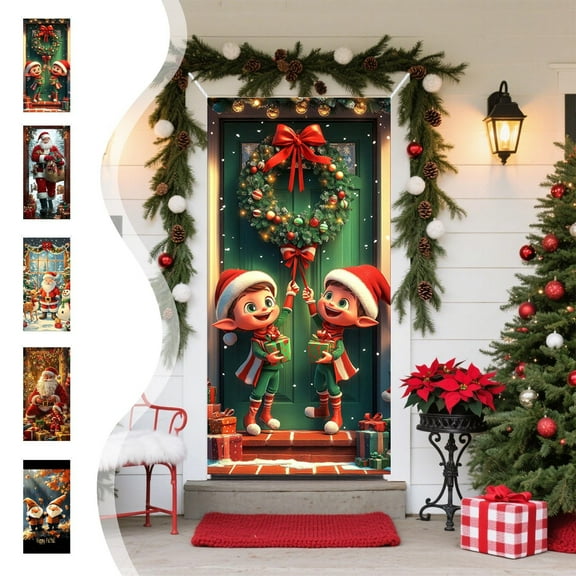 Djunllk Christmas Decorations Door Cover Santa Claus Front Door Cover Xmas Hanging Banner Santa Background for Home Holiday Christmas Celebration, 70.8 x 35.4 inches