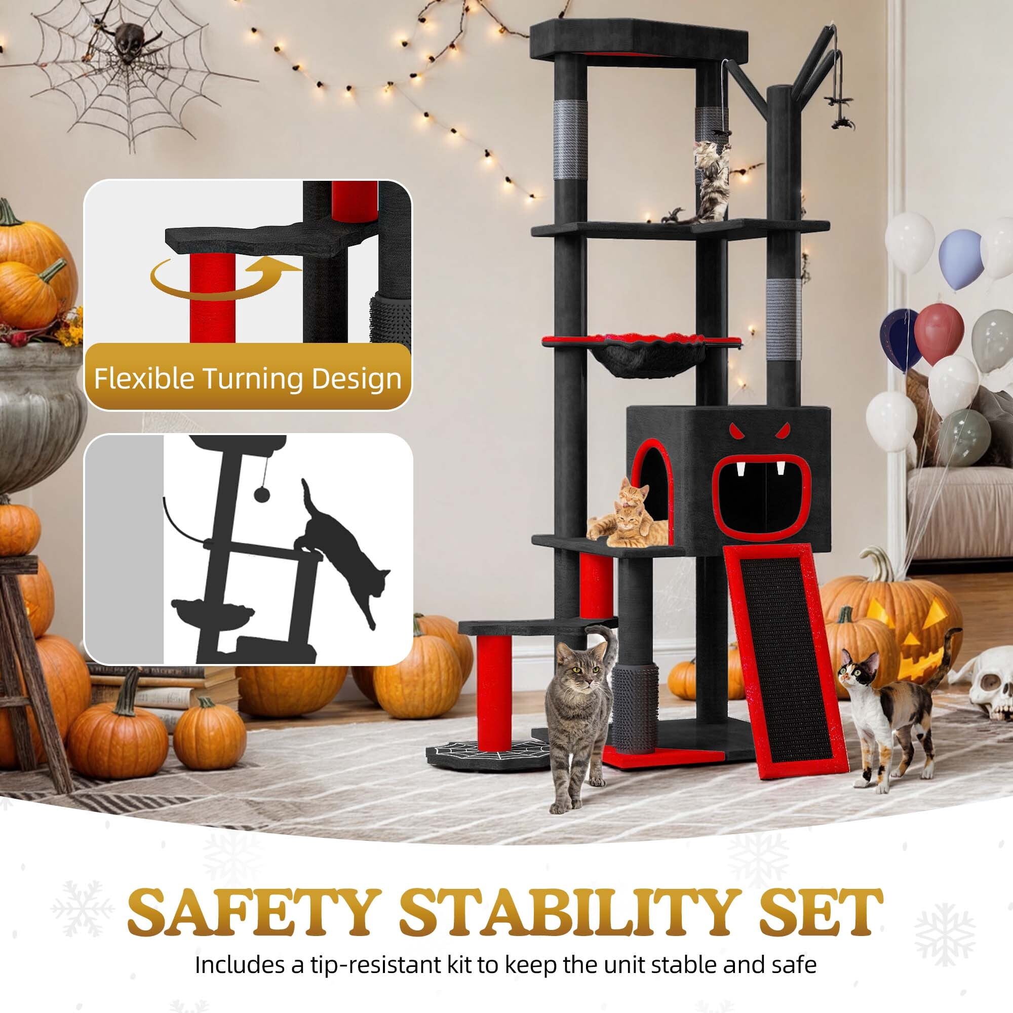 Uforic 60" Gothic Cat Tree Tower with Coffin Bed, Black Halloween Cat Tower with Top Perch, Condos, Basket & Scratcher