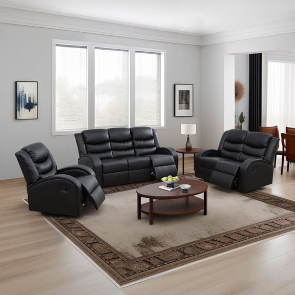 3-Piece Black Faux Leather Sofa Set - Modern Living Room Couch for Home Decor