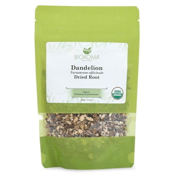 Biokoma Pure and Organic Dandelion Root Tea 100g (3.55oz) in Resealable Moisture Proof Pouch, USDA Certified Organic - Herbal Tea, No Additives, No Preservatives, No GMO, Kosher